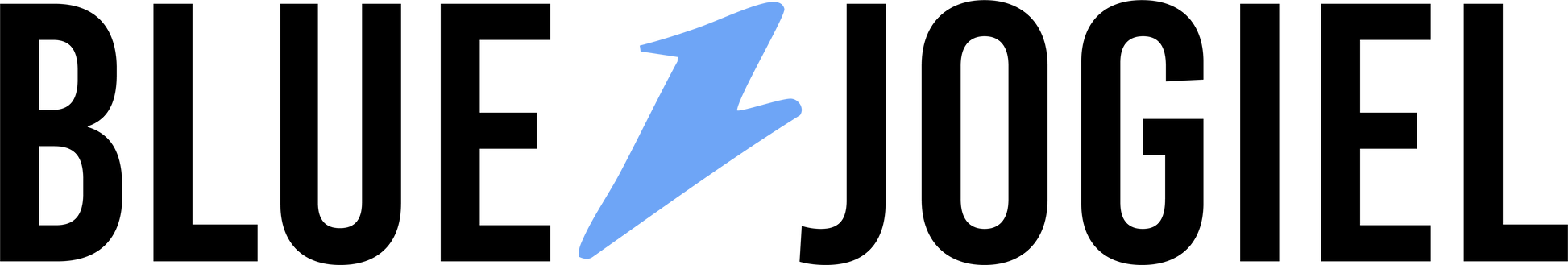 Logo with 'BLUE JOGIEL' text and a blue lightning bolt symbol