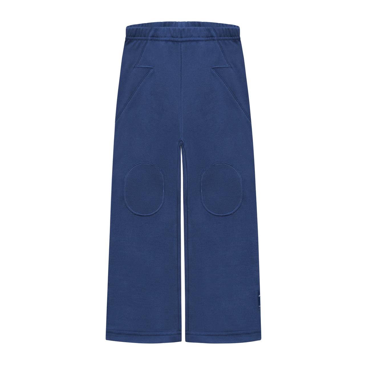 Navy blue flared sweat pants with oval knee patches and lightning bolt stitch pockets