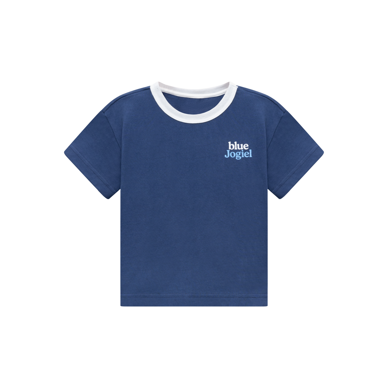 Blue t-shirt with white collar and 'blue Jogiel' logo