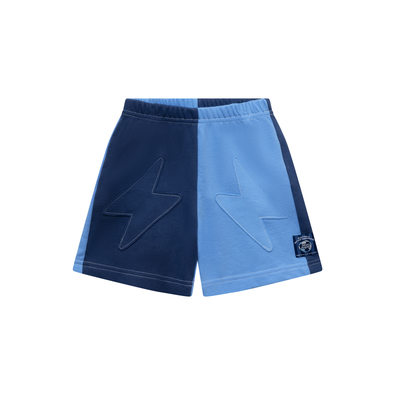 Blue and navy colorblock shorts with a navy pocket on back