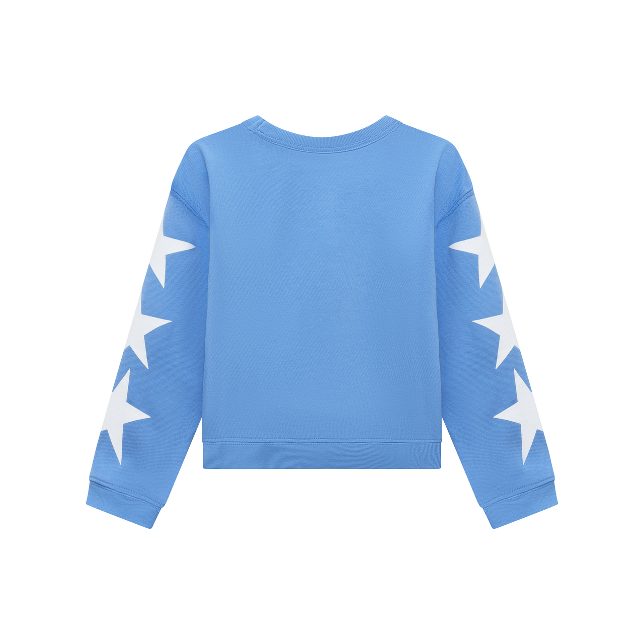Blue crewneck sweatshirt with star designs on the sleeves