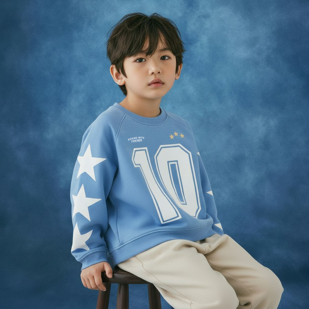 Child wearing a blue sweatshirt with stars on sleeves and screenprinted number '10' graphic, sitting on a stool against a blue yearbook background