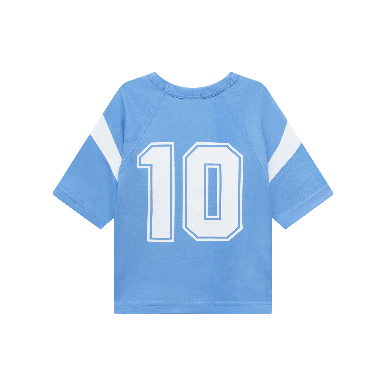 Blue raglan t-shirt with number '10' graphic and lightning bolts on sleeves
