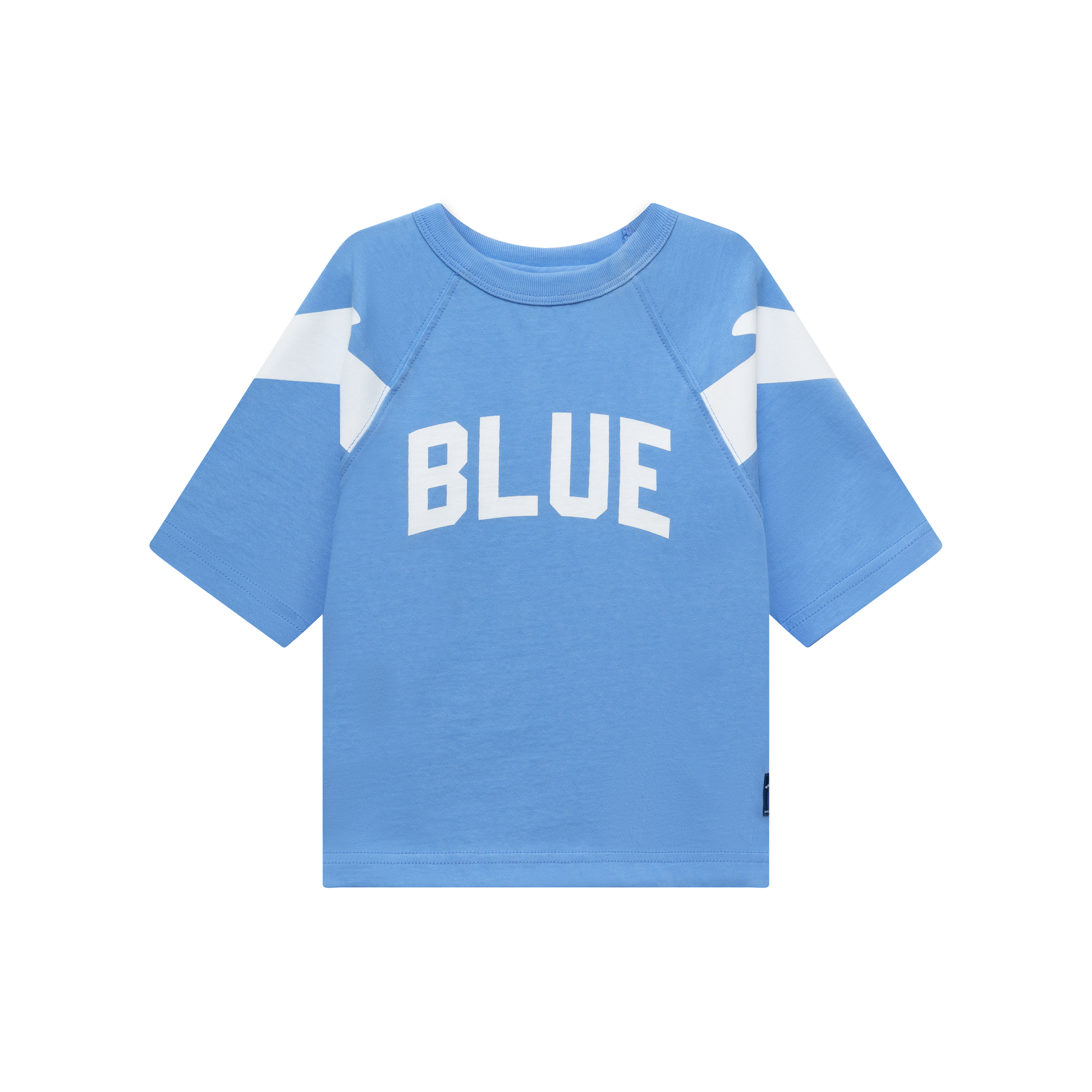 Blue raglan t-shirt with 'BLUE' text and lightning bolts on sleeves