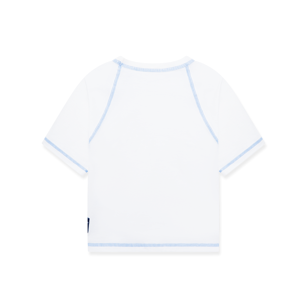 White raglan t-shirt with blue contrast stitching and a blue exterior woven label sewn to the left side