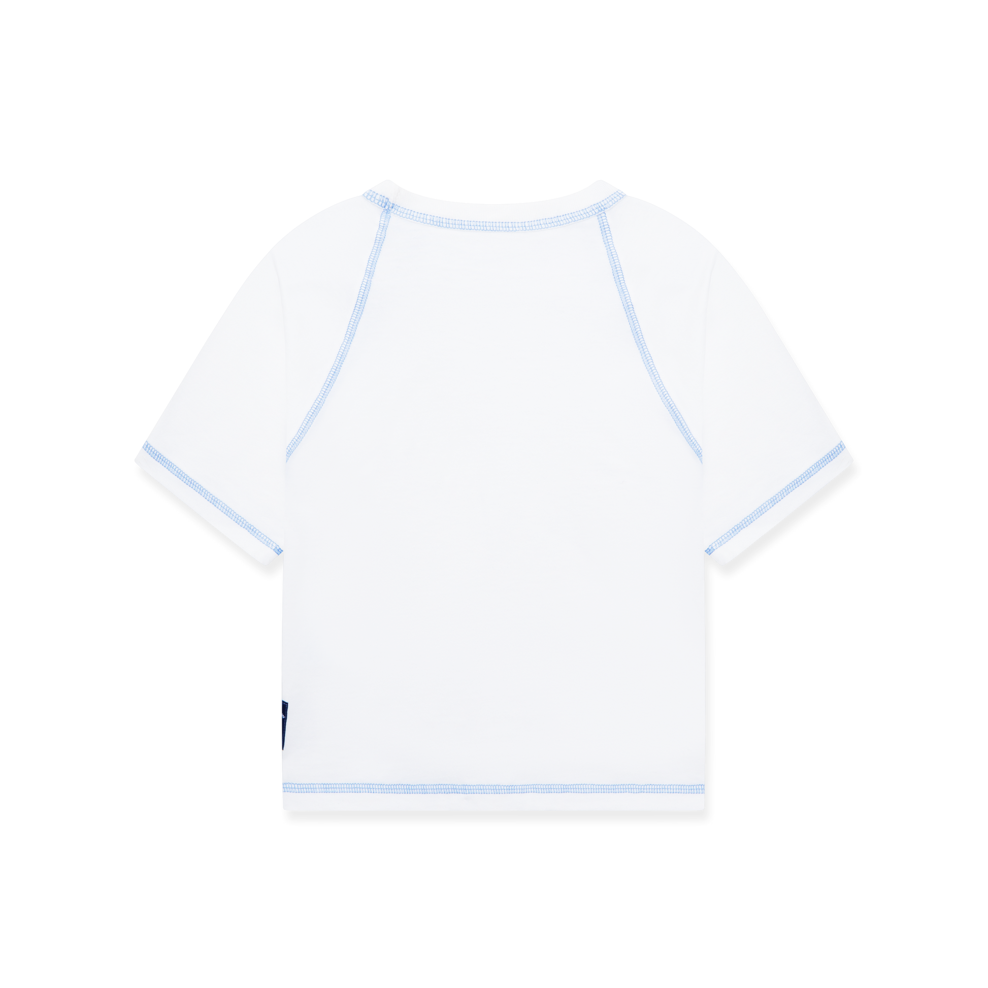 White raglan t-shirt with blue contrast stitching and a blue exterior woven label sewn to the left side