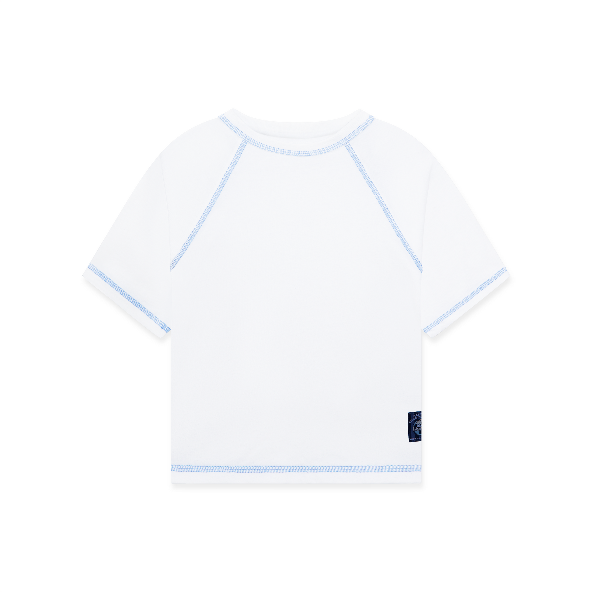White raglan t-shirt with blue contrast stitching and a blue exterior woven label sewn to the left side