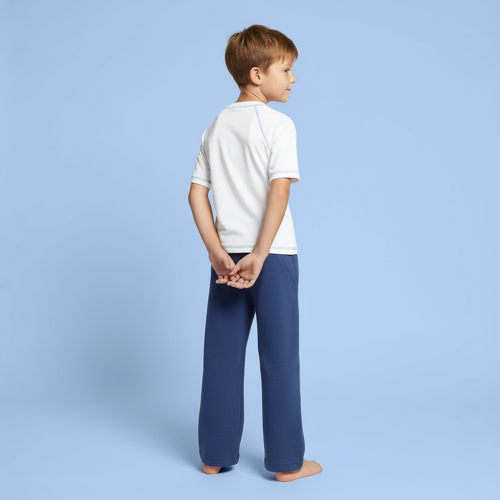 Child wearing a white raglan t-shirt with blue contrast stitching