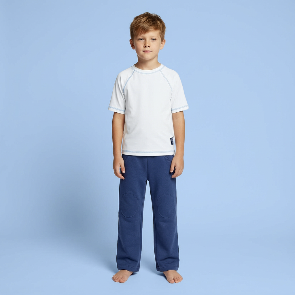 Child wearing a Blue Jogiel white raglan t-shirt with blue contrast stitching