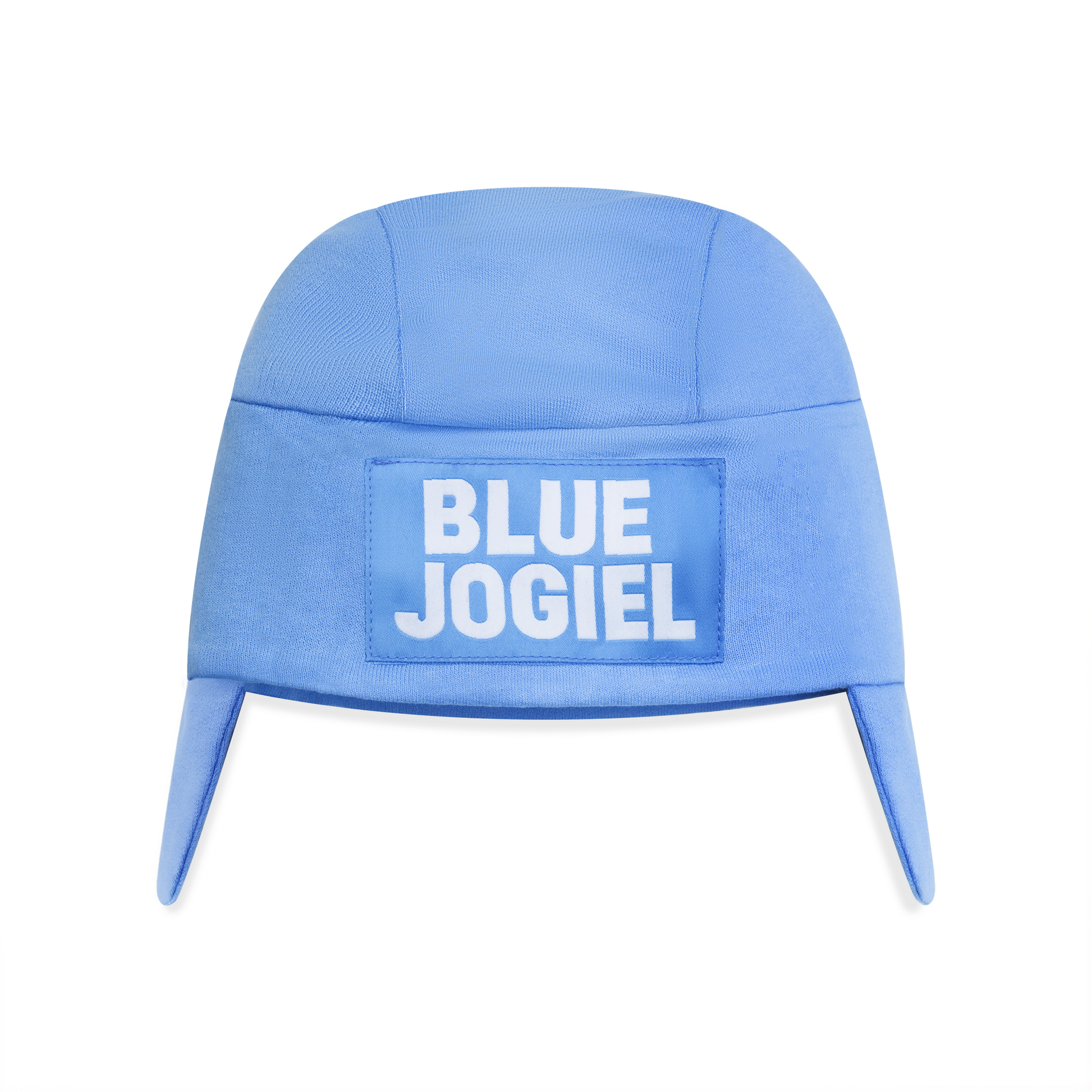 Blue Jogiel kid's hat with 'BLUE JOGIEL' patch woven label sewn on the front