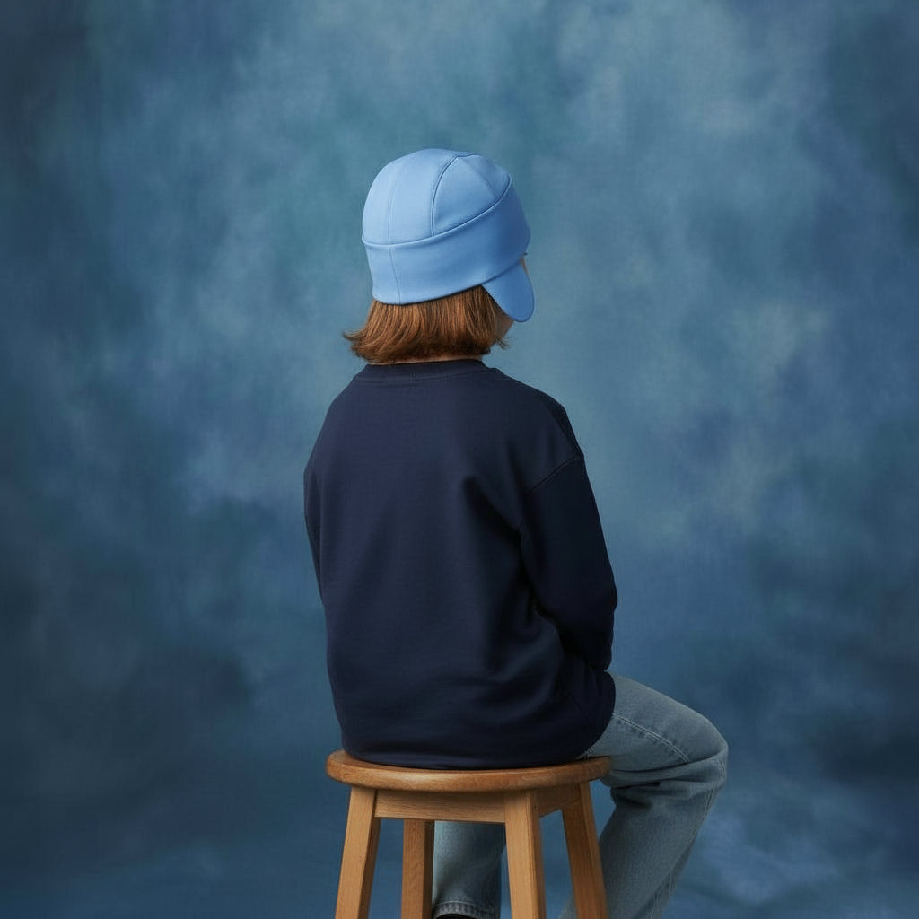 Child wearing a Blue Jogiel Ear Flap Hat and navy sweater sitting on a wooden stool facing a blue yearbook background