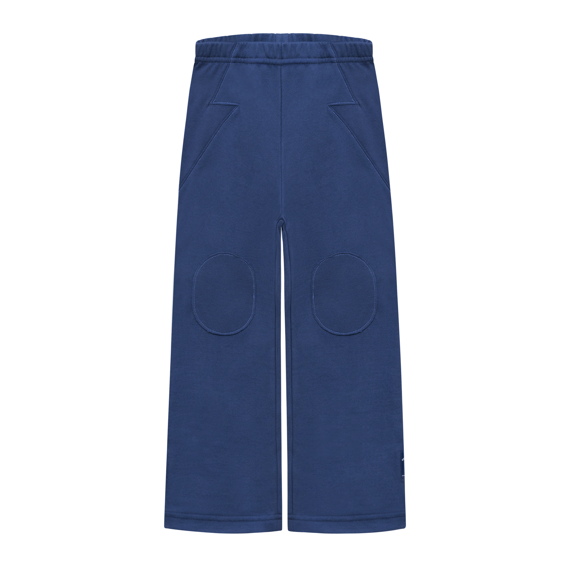 Navy blue flared sweat pants with oval knee patches and lightning bolt stitch pockets