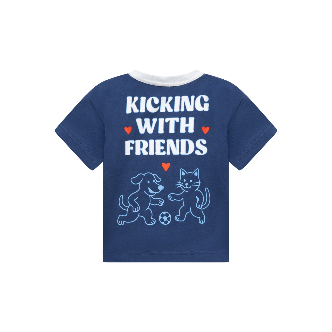 Navy blue t-shirt with 'Kicking with Friends' text and dog and cat illustrations