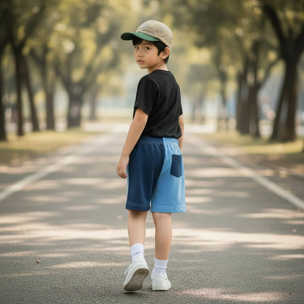 Child walking on a tree-lined path wearing Blue Jogiel lightning shorts, looking behind him
