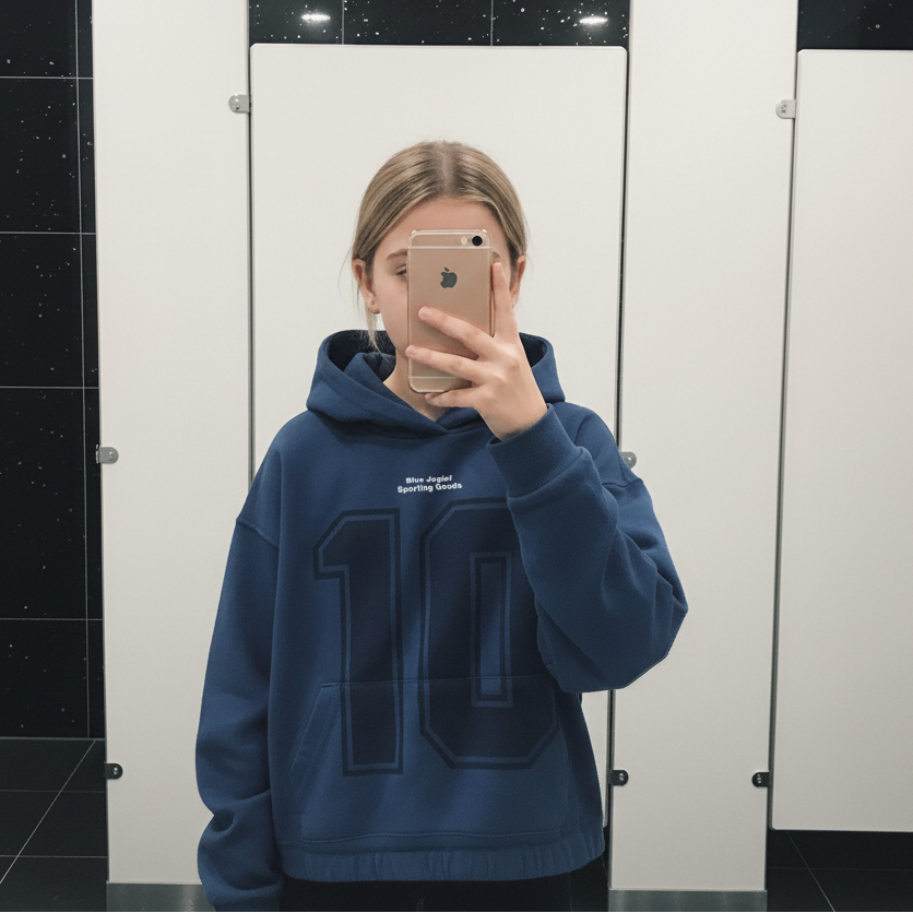Girl wearing a Blue Jogiel Reversible Varsity Hoodie with a number 10 design, taking a mirror selfie