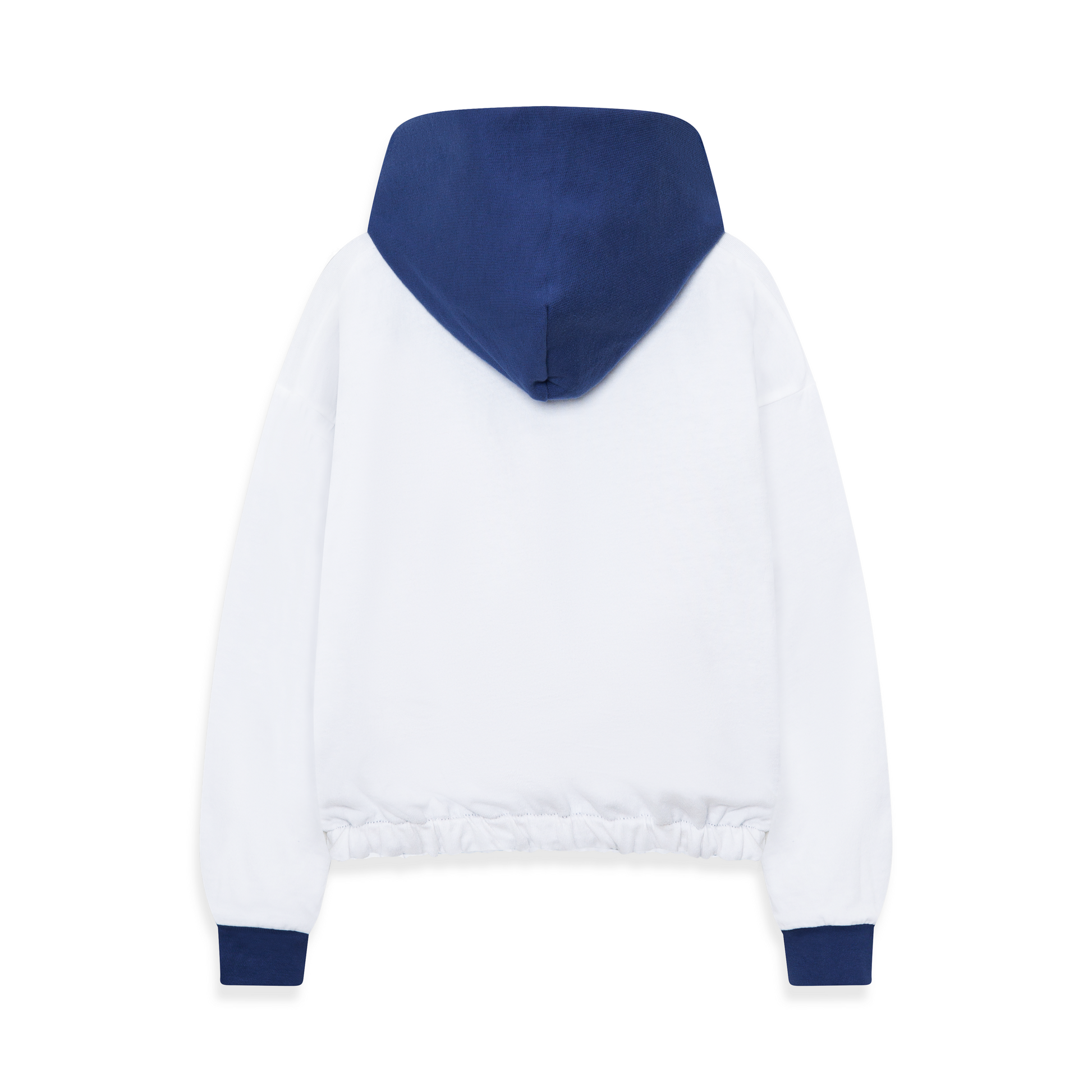 Back of a Blue Jogiel reversible white hoodie with blue hood and sleeve cuffs