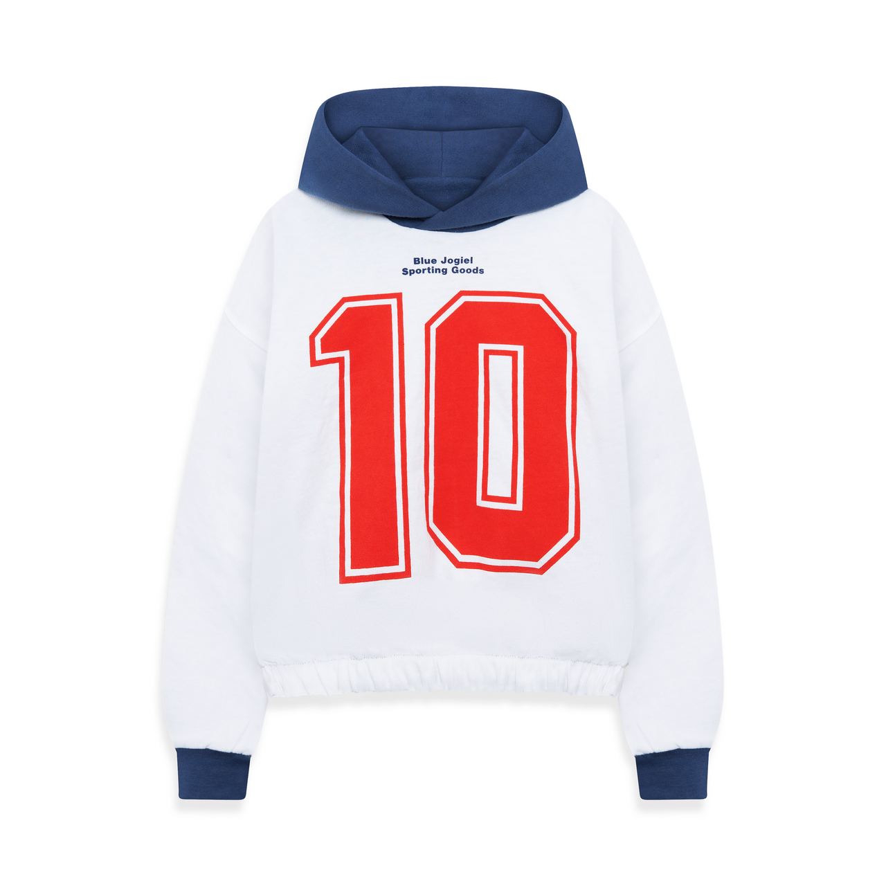 Blue Jogiel white hoodie with number 10 and text 'Blue Jogiel Sporting Goods'