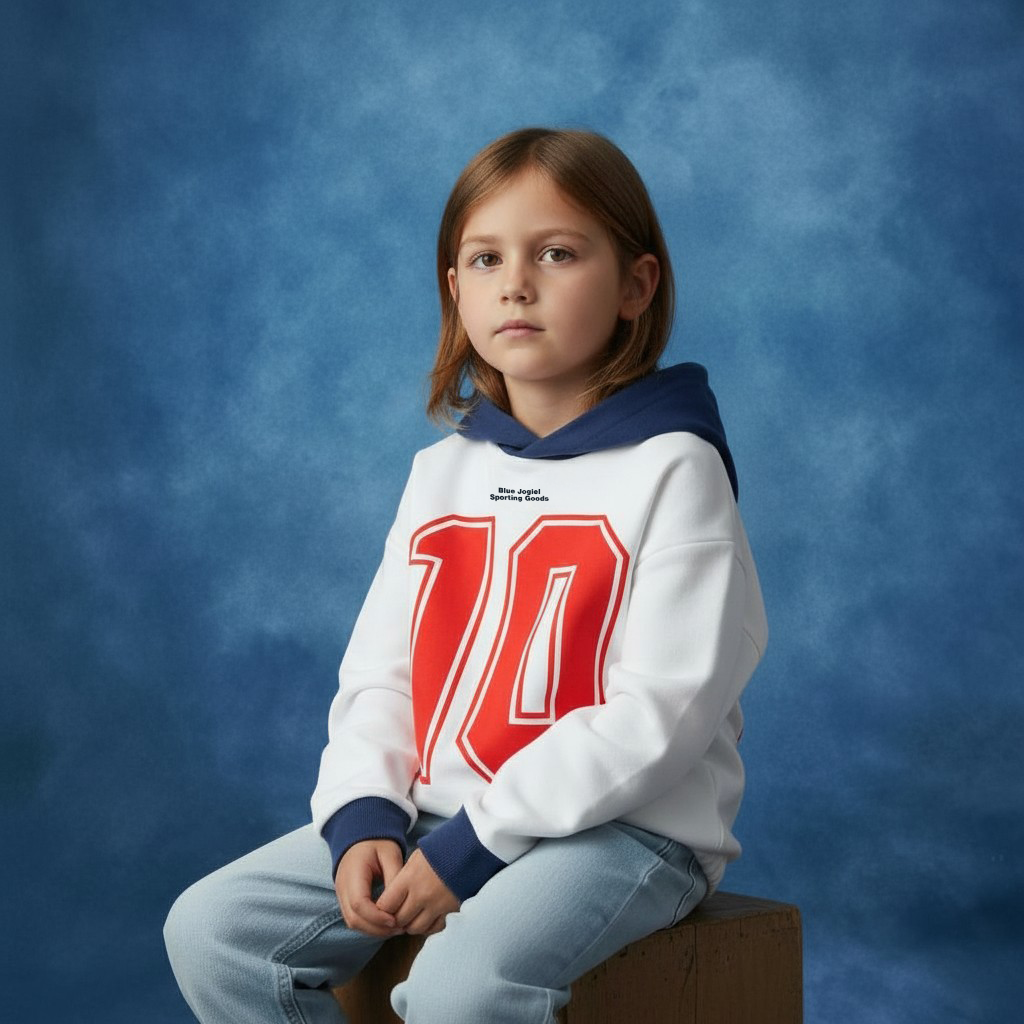 Child wearing a Blue Jogiel Reversible Varsity Hoodie on side B, a white hoodie with a blue hood sitting on a box against a blue background