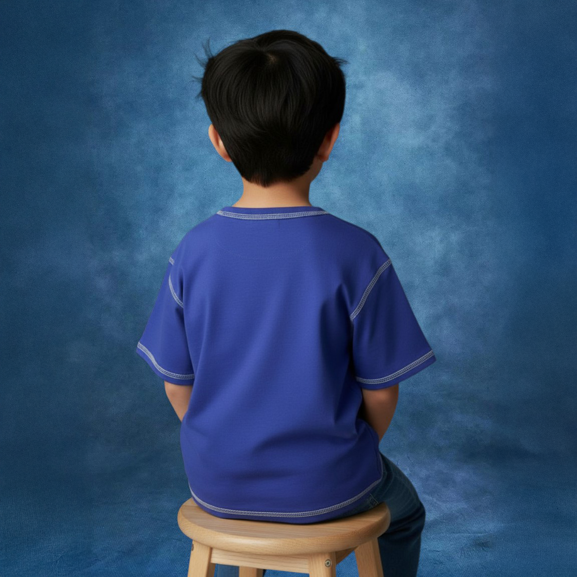 Child wearing a Blue Jogiel's 'Rookie of the Year' purple zero-waste t-shirt against a blue yearbook background