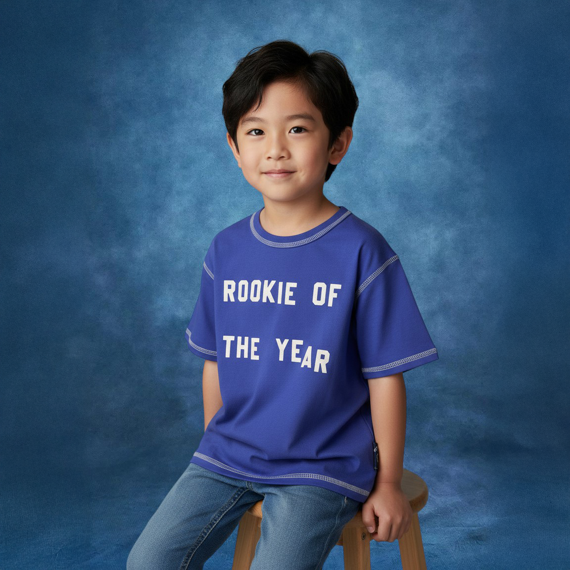 Child wearing a Blue Jogiel's 'Rookie of the Year' purple zero-waste t-shirt against a blue yearbook background