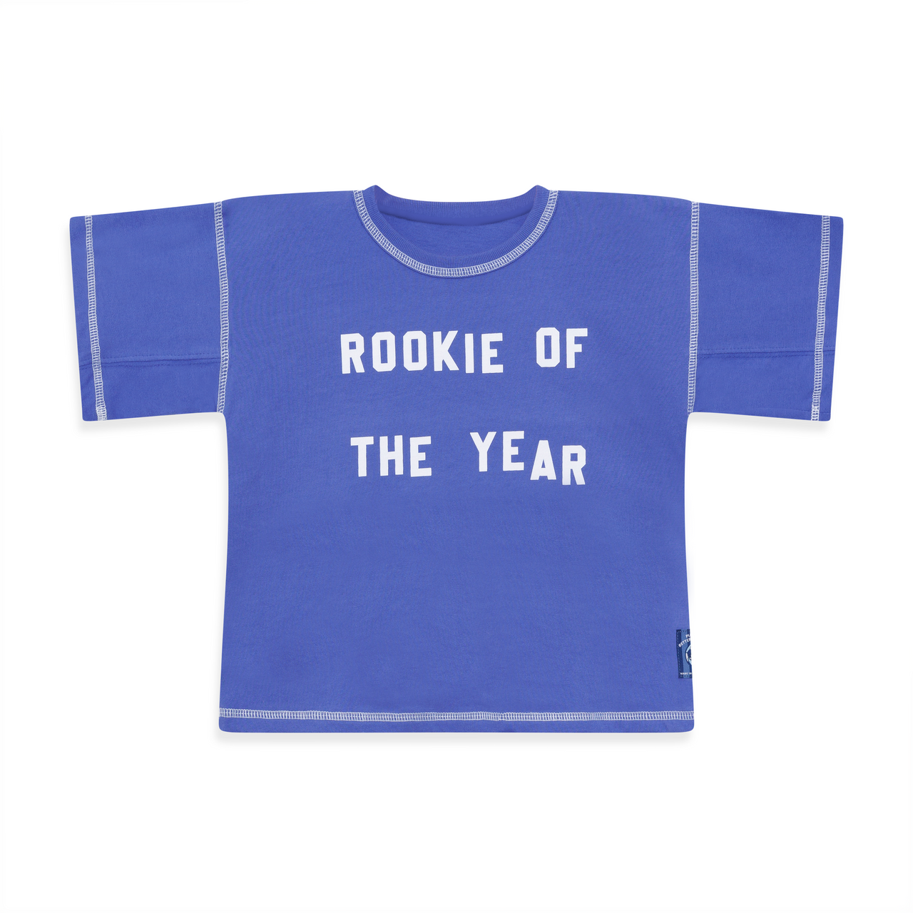 Purple zero-waste t-shirt with 'Rookie of the Year' and white contrast stitching