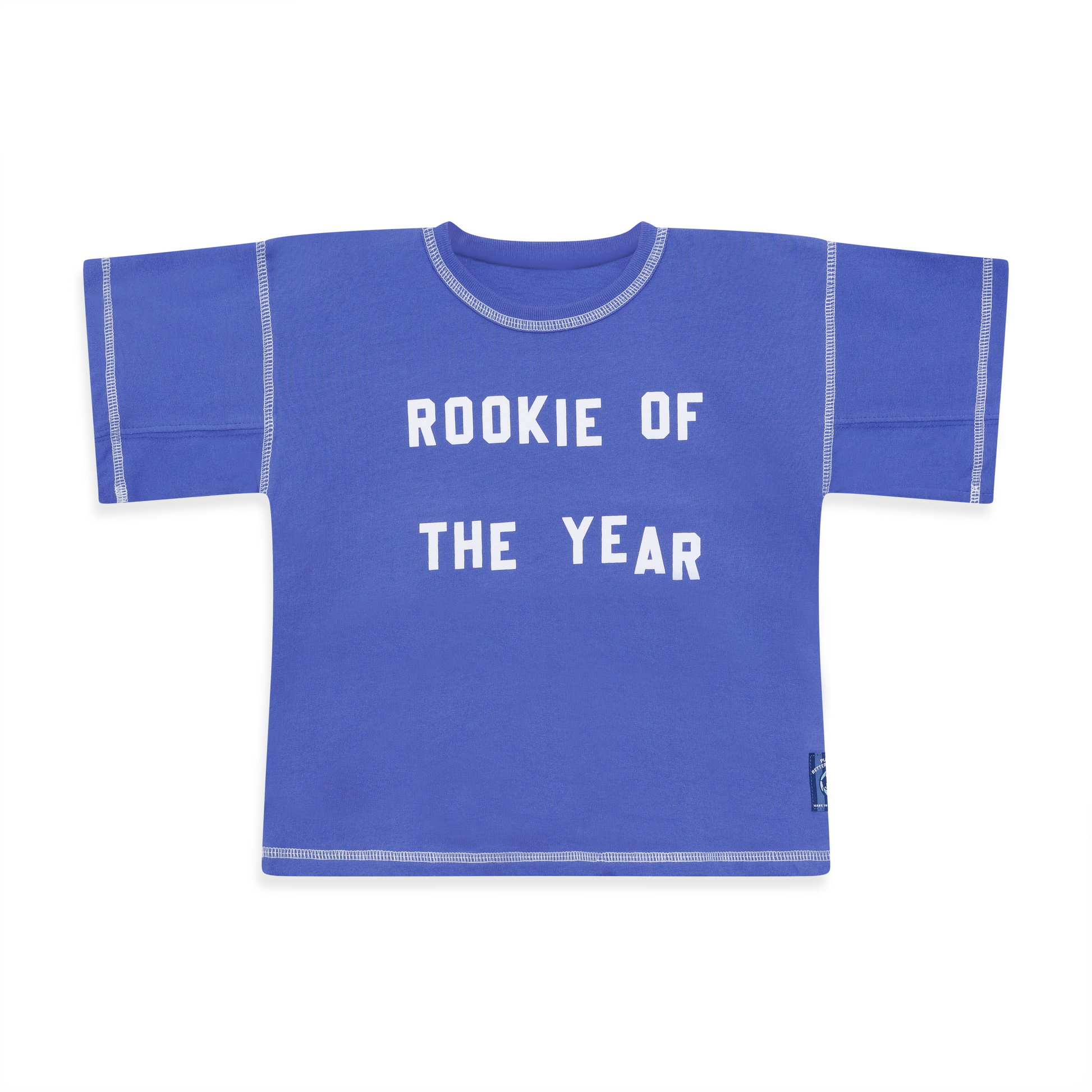 Purple zero-waste t-shirt with 'Rookie of the Year' and white contrast stitching