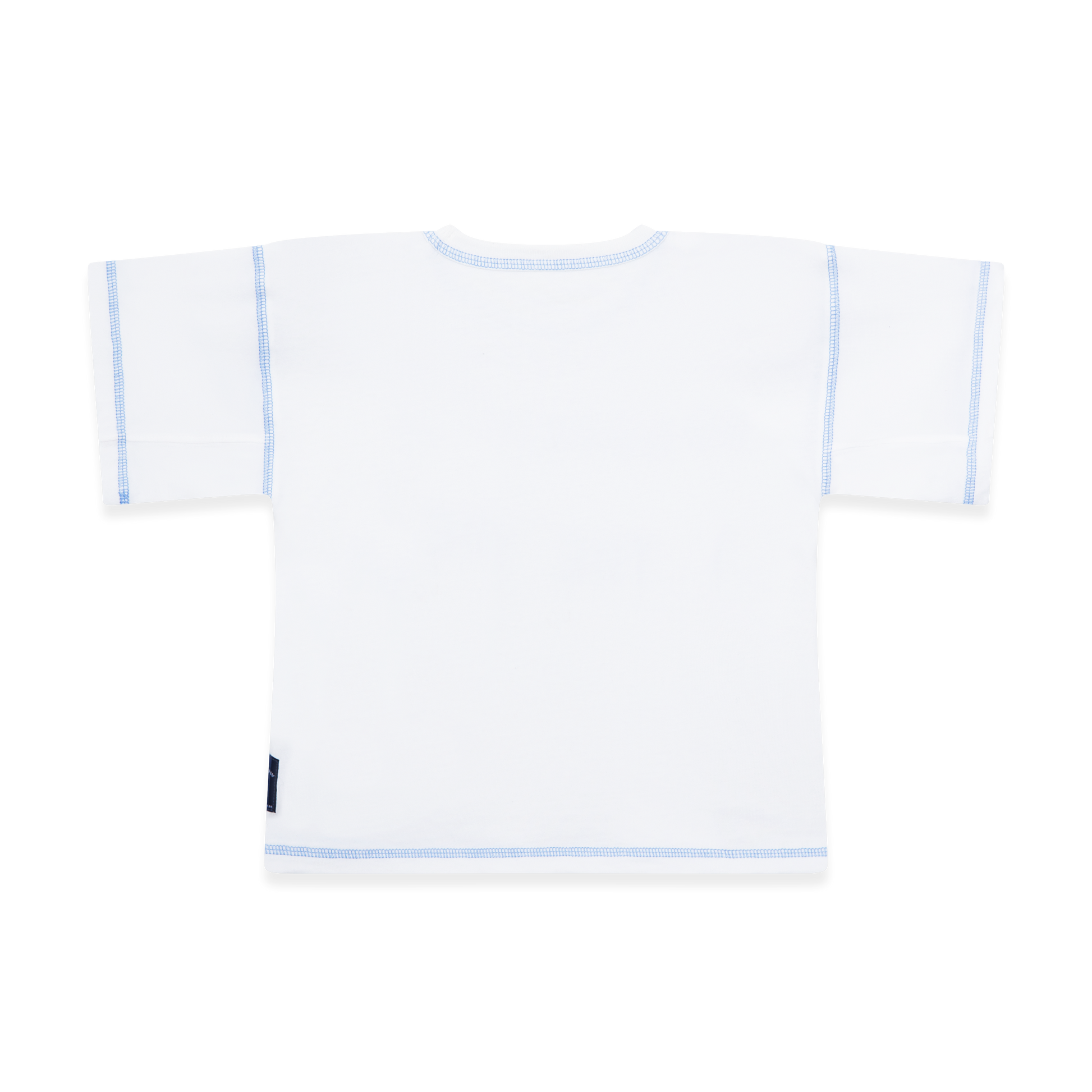White zero-waste t-shirt with blue contrast stitching and blue woven label sewn to left side