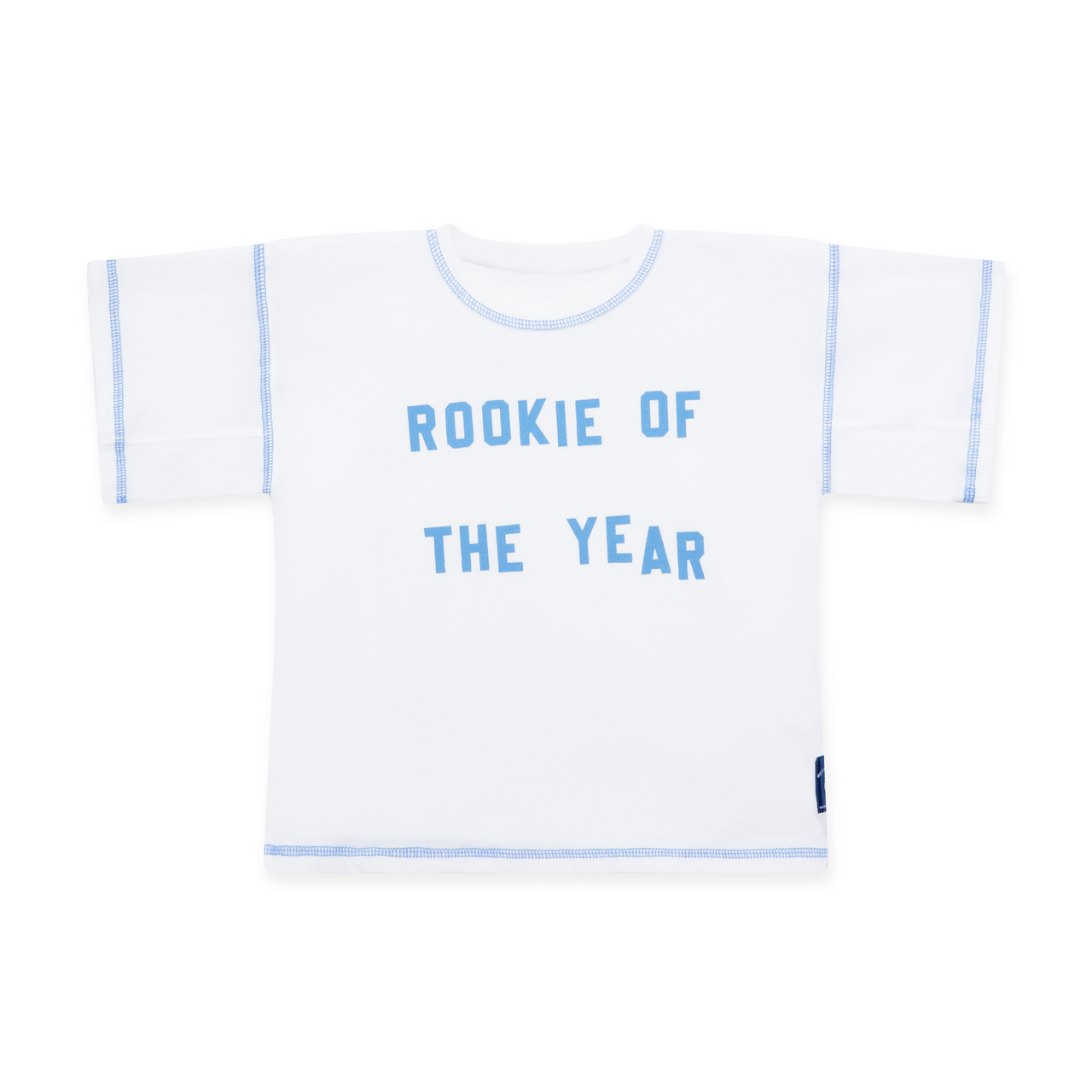 White zero-waste t-shirt with 'Rookie of the Year' and blue contrast stitching