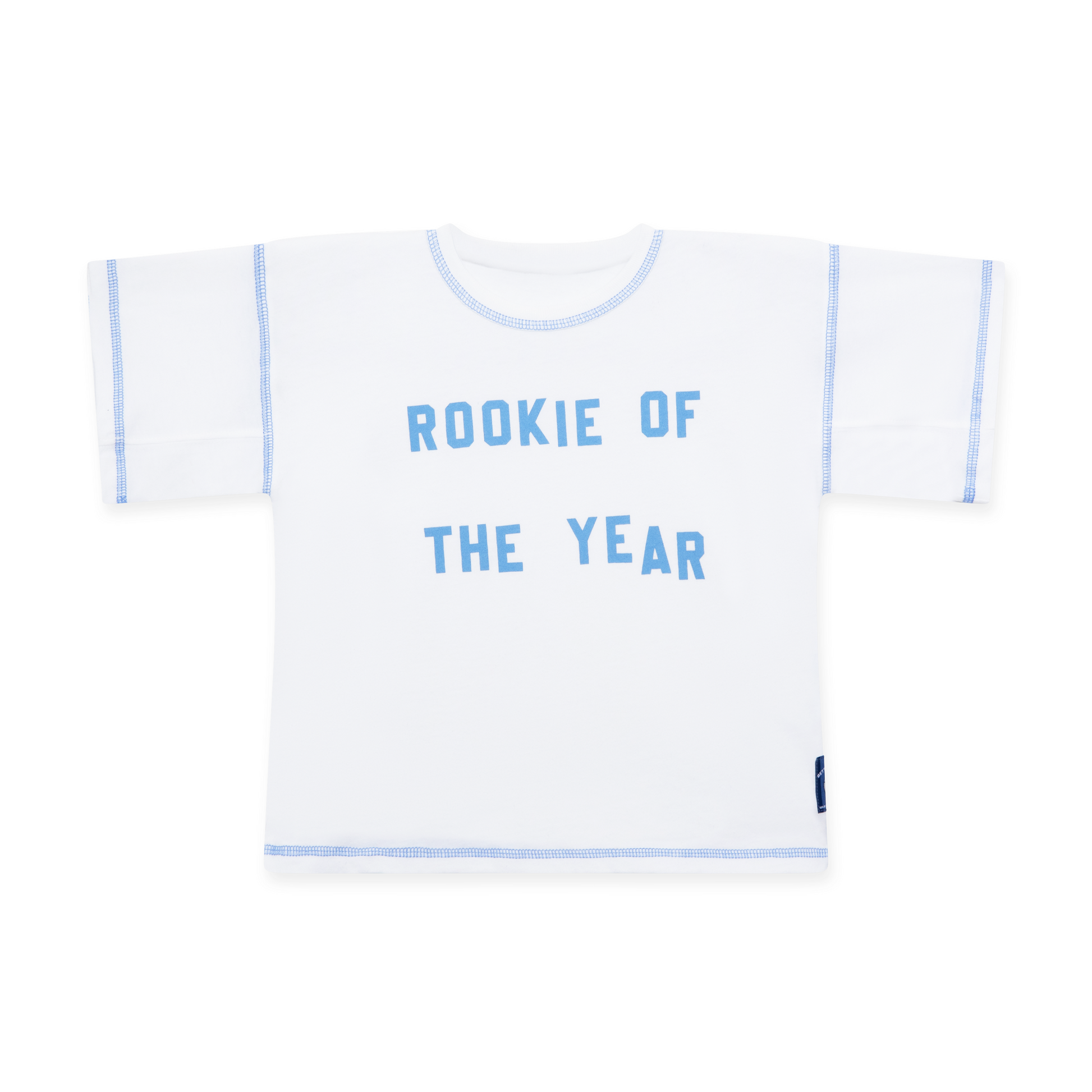 White zero-waste t-shirt with 'Rookie of the Year' and blue contrast stitching