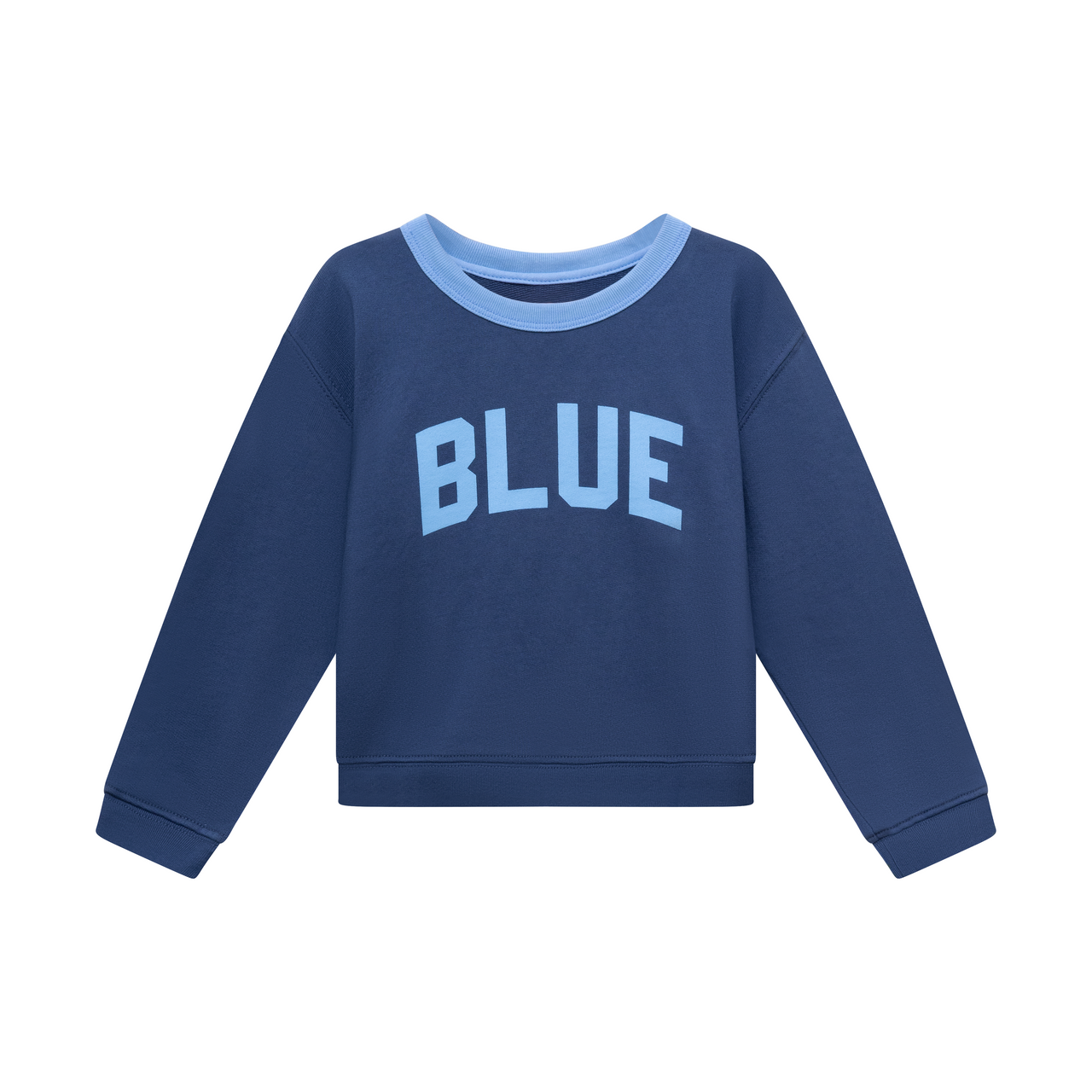 Navy blue crewneck sweatshirt with 'BLUE' text on the front