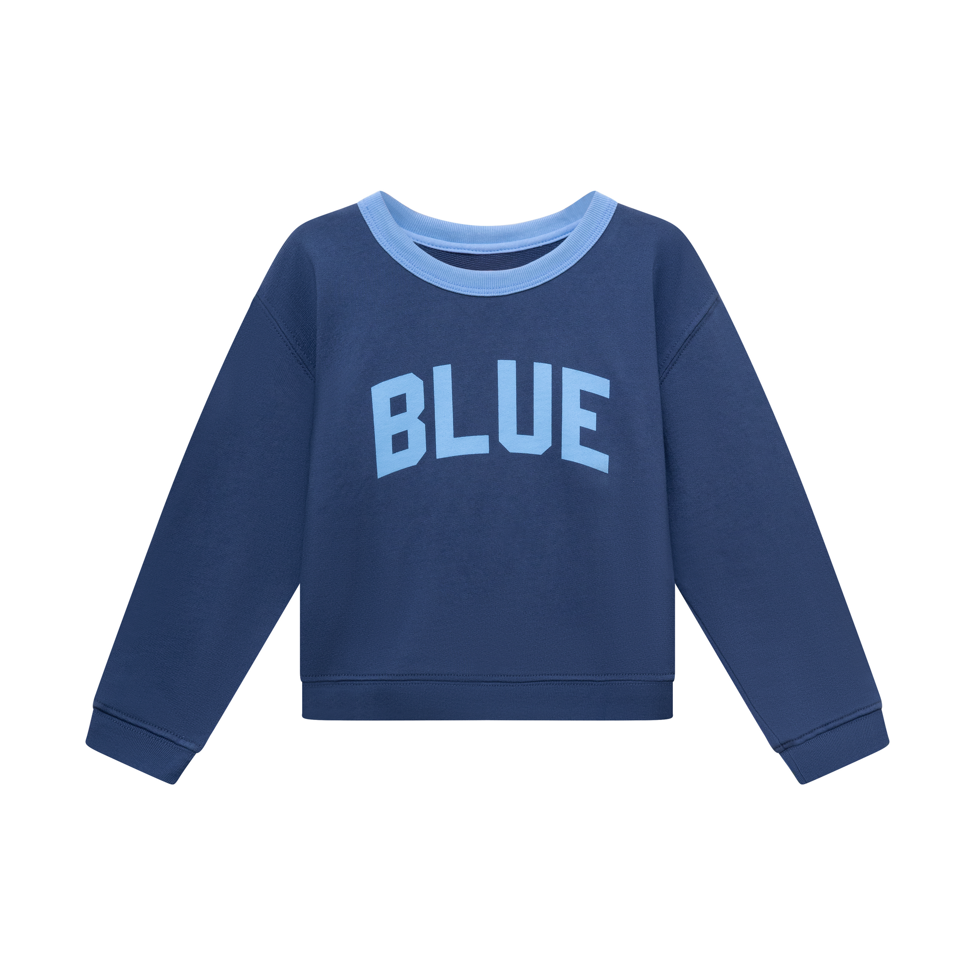 Navy blue crewneck sweatshirt with 'BLUE' text on the front