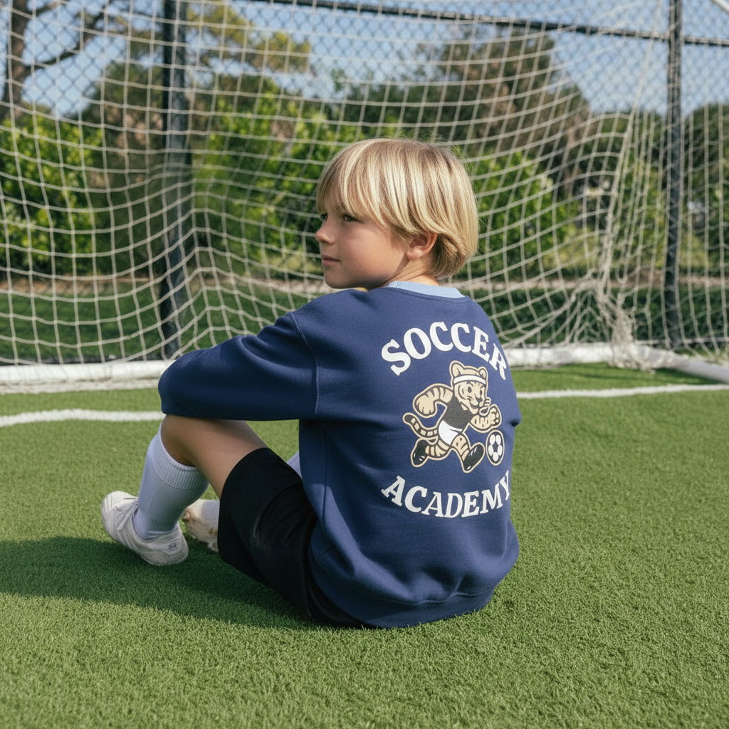 Child wearing a navy blue Blue Jogiel 'Soccer Academy Crewneck' sweatshirt sitting on soccer field in front of a soccer goal.