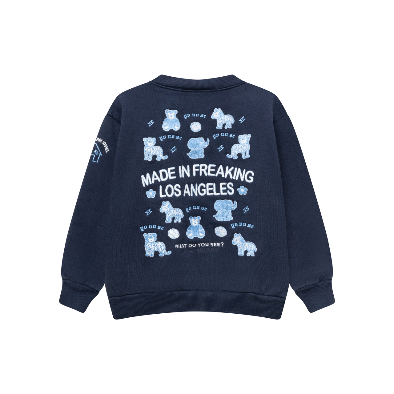 Navy blue crewneck sweatshirt with embroidered white text and blue animal graphics