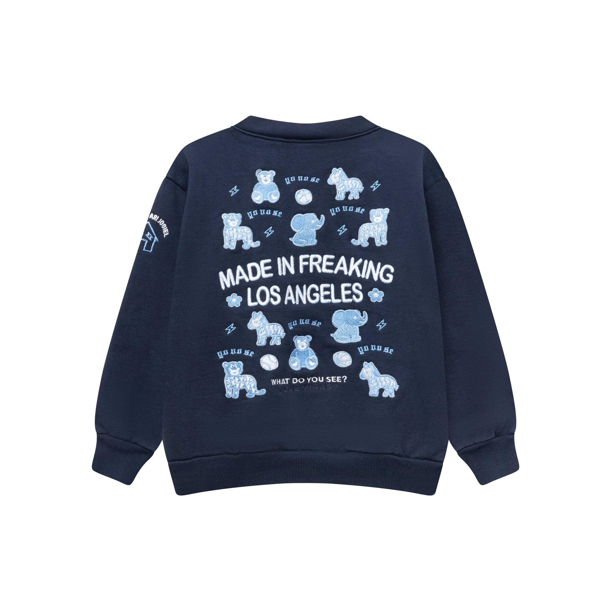 Navy blue crewneck sweatshirt with embroidered white text and blue animal graphics