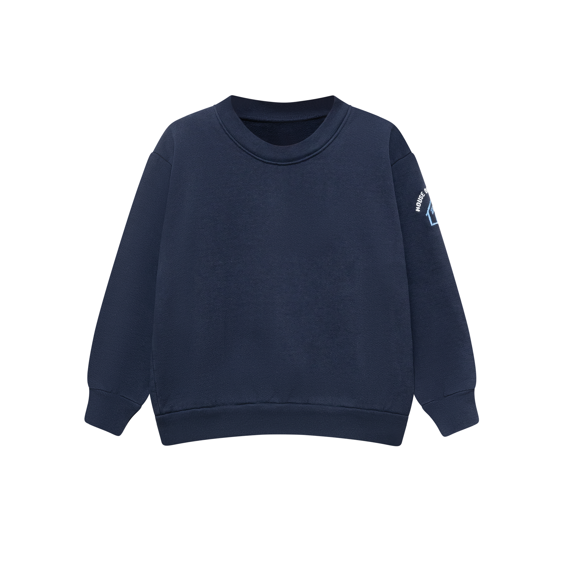 Navy blue crewneck sweatshirt with embroidered 'House of Ari Jogiel' text on left sleeve